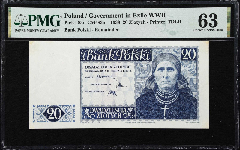 POLAND. Bank Polski. 20 Zlotych, 15.8.1939. P-83r. CM#83a. Remainder. PMG Choice...