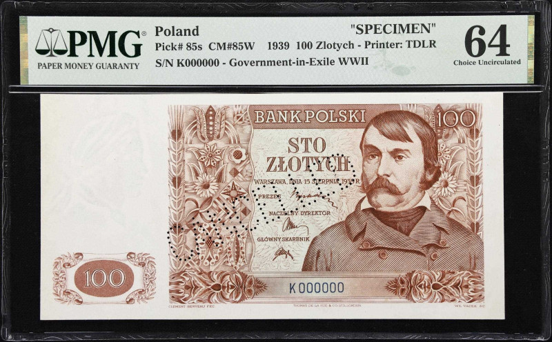 POLAND. Bank Polski. 100 Zlotych, 15.8.1939. P-85s. CM#85W. Specimen. PMG Choice...