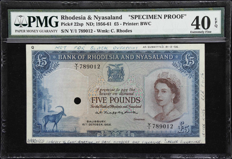 RHODESIA & NYASALAND. Bank of Rhodesia and Nyasaland. 5 Pounds, 15.10.1956. P-22...