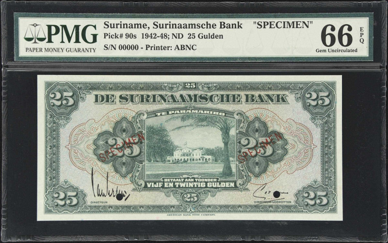 SURINAME. Surinaamsche Bank. 25 Gulden, 1.2.1942. P-90s. Specimen. PMG Gem Uncir...