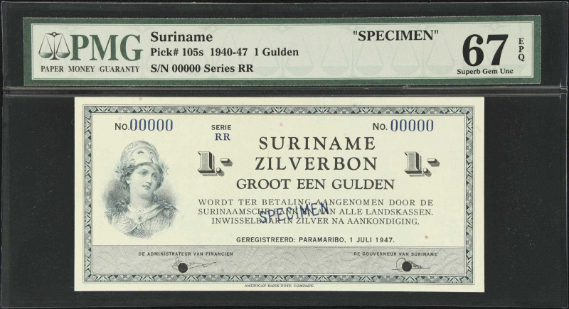 SURINAME. Government. 1 Gulden, 1.7.1947. P-105s. Specimen. PMG Superb Gem Uncir...