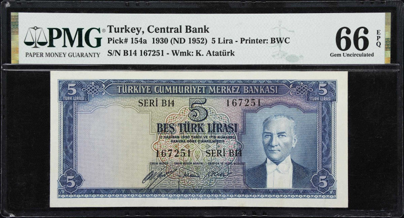 TURKEY. Turkiye Cumhuriyet Merkez Bankasi. 5 Turk Lirasi, 1930 (ND 1952). P-154a...