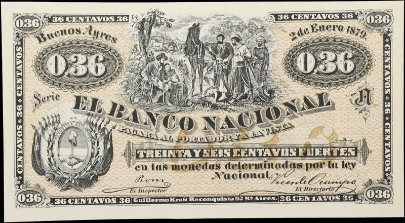 ARGENTINA. Banco Nacional. 36 Centavos, 1879. P-S664p. Reprint. Uncirculated.
U...