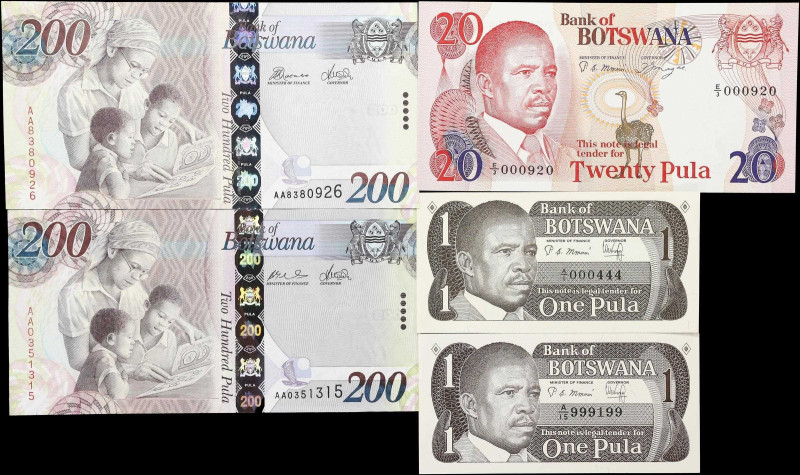 BOTSWANA. Lot of (5). Bank of Botswana. 1, 20, & 200 Pula, ND (1982-83) & 2009-1...