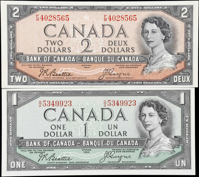 CANADA. Lot of (2). Bank of Canada. 1 & 2 Dollars, 1954. BC-29b & BC-30b. Choice...