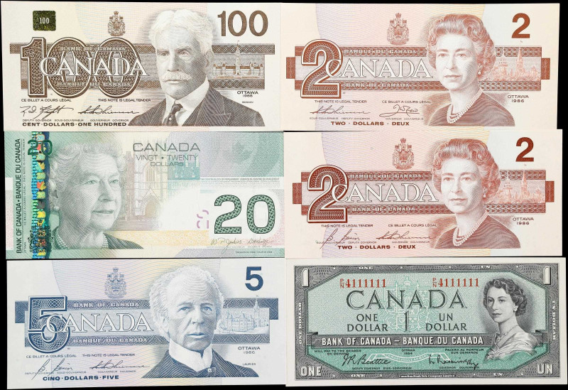 CANADA. Lot of (6). Bank of Canada. 1, 2, 5, 20 & 100 Dollars, 1954-2004. BC-37b...