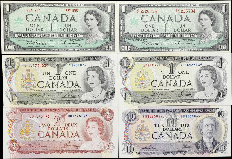 CANADA. Lot of (6). Bank of Canada. 1, 2 & 10 Dollars, 1967-74. BC-45a, BC-45b-i...