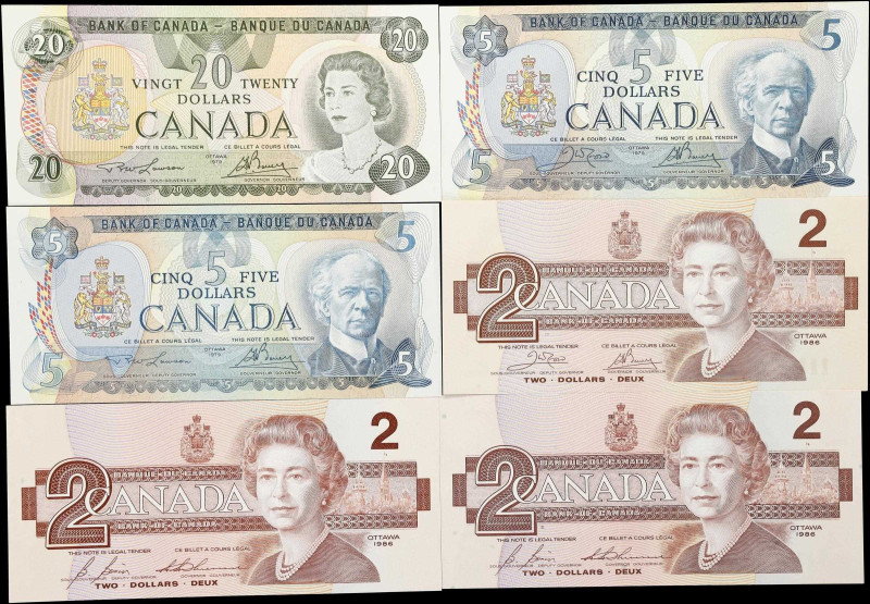 CANADA. Lot of (6). Bank of Canada. 2, 5 & 20 Dollars, 1979-86. BC-53a, BC-53b, ...