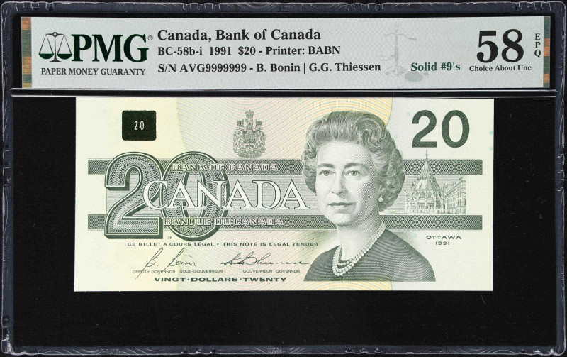 CANADA. Bank of Canada. 20 Dollars, 1991. BC-58b-i. Solid #9's. PMG Choice About...