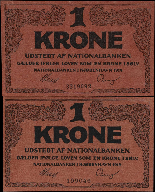 DENMARK. Lot of (2). Nationalbanken i Kjobenhavn. 1 Krone, 1914. P-10a & 10b. Ab...