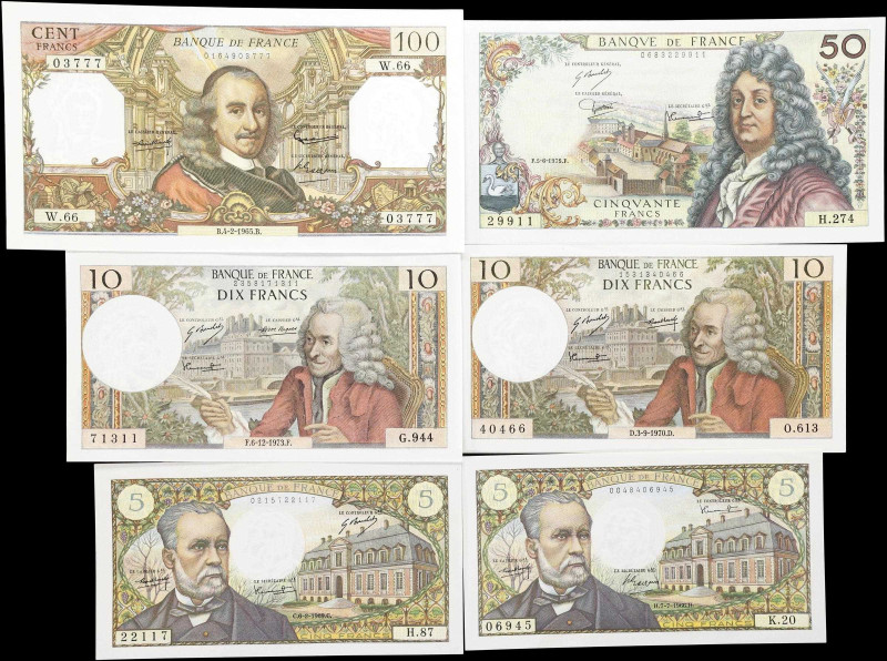 FRANCE. Lot of (6). Banque de France. 5, 10, 50 & 100 Francs, 1965-75. P-146a, 1...