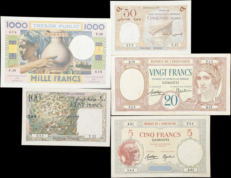 FRENCH SOMALILAND. Lot of (5). Banque de l'Indochine & Tresor Public - Cote Fran...