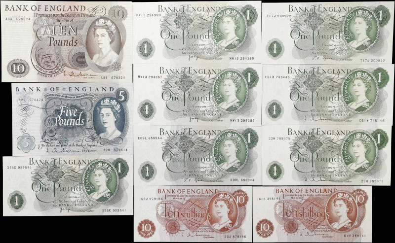 GREAT BRITAIN. Lot of (11). Bank of England. 10 Shillings, 1, 5 & 10 Pounds, ND ...