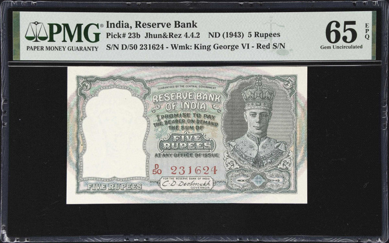 INDIA. Reserve Bank of India. 5 Rupees, ND (1943). P-23b. Jhun&Rez 4.4.2. PMG Ge...