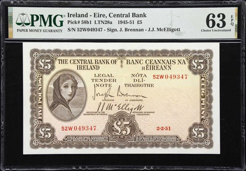 IRELAND. Central Bank of Ireland. 5 Pounds, 2.2.1951. P-58b1. LTN28a. PMG Choice...