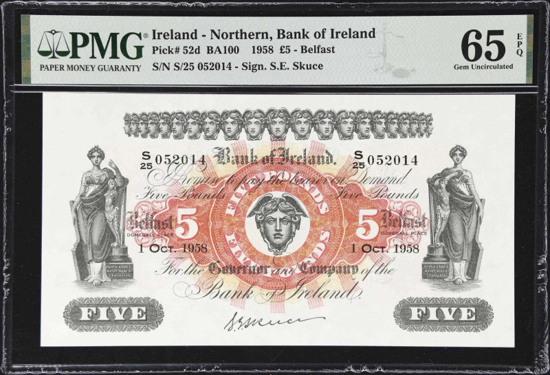 IRELAND, NORTHERN. Bank of Ireland. 5 Pounds, 1.10.1958. P-52d. BA100. PMG Gem U...