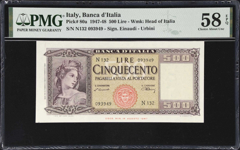 ITALY. Banca d'Italia. 500 Lire, 10.2.1948. P-80a. PMG Choice About Uncirculated...