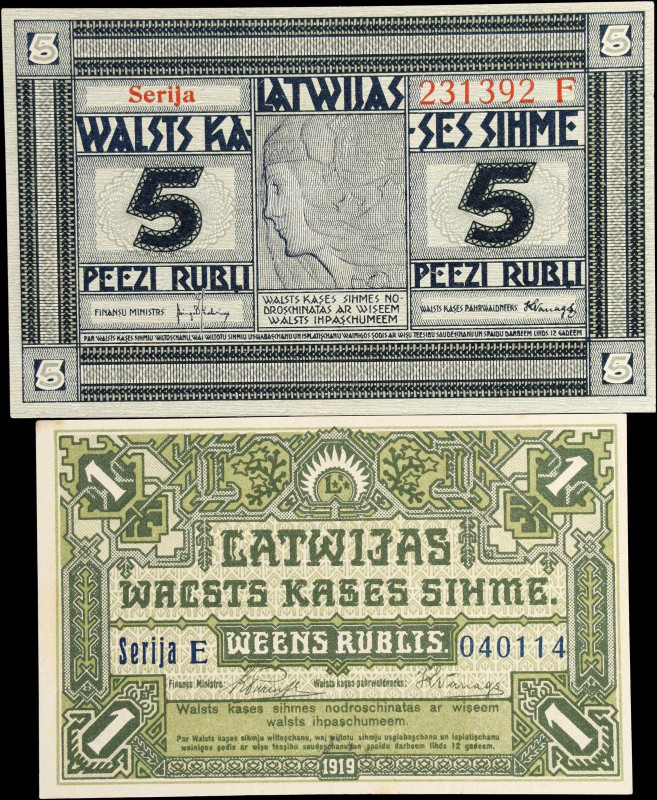 LATVIA. Lot of (2). Latwijas Walsts Kases. 1 & 5 Rubels, 1919 & ND (1919). P-2b ...