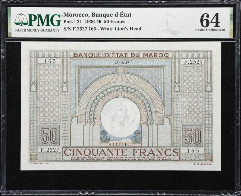 MOROCCO. Banque d'Etat du Maroc. 50 Francs, 28.10.1947. P-21. PMG Choice Uncircu...