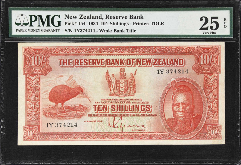 NEW ZEALAND. Reserve Bank of New Zealand. 10 Shillings, 1.8.1934. P-154. PMG Ver...