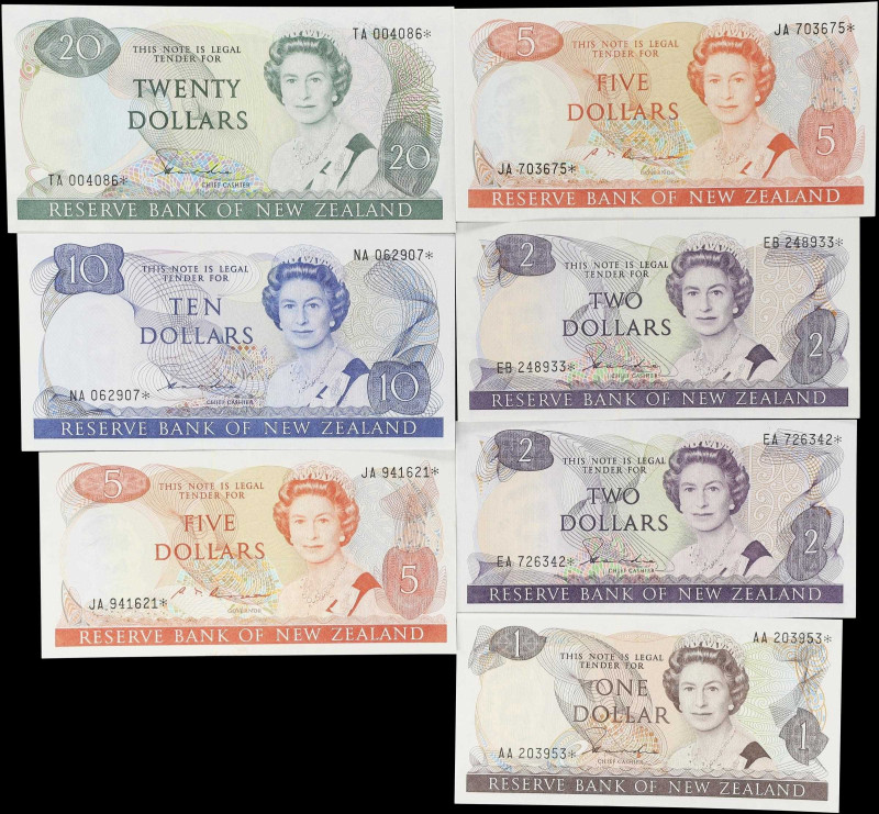 NEW ZEALAND. Lot of (7). Reserve Bank of New Zealand. 1, 2, 5, 10, & 20 Dollars,...