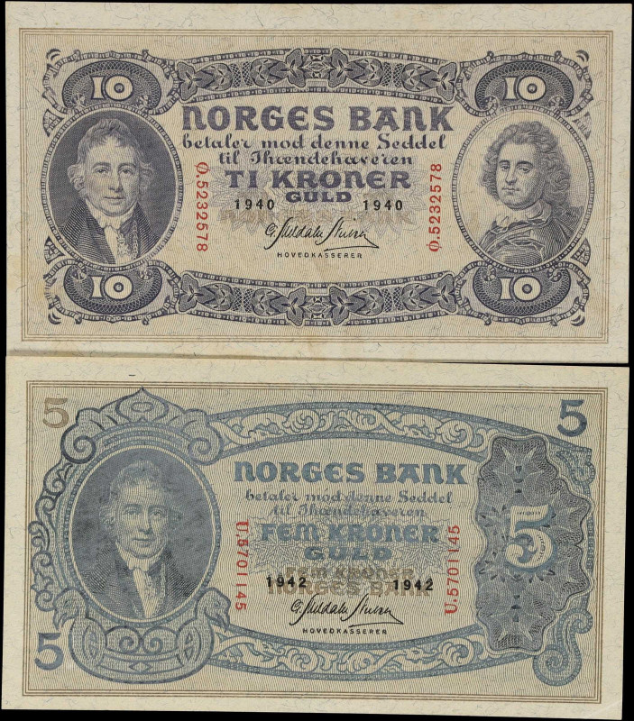 NORWAY. Lot of (2). Norges Bank. 5 & 10 Kroner Guld, 1940-42. P-7c & 8c. About U...