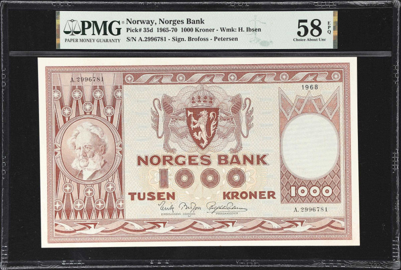 NORWAY. Norges Bank. 1000 Kroner, 1968. P-35d. PMG Choice About Uncirculated 58 ...