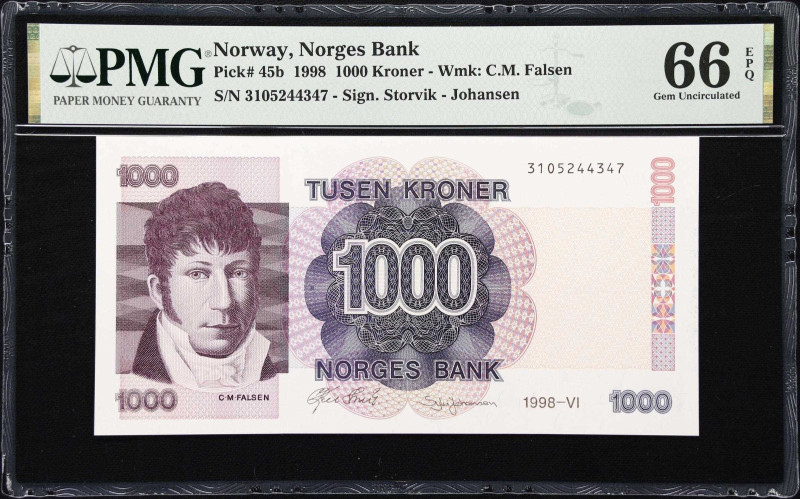 NORWAY. Norges Bank. 1000 Kroner, 1998. P-45b. PMG Gem Uncirculated 66 EPQ.
Fro...