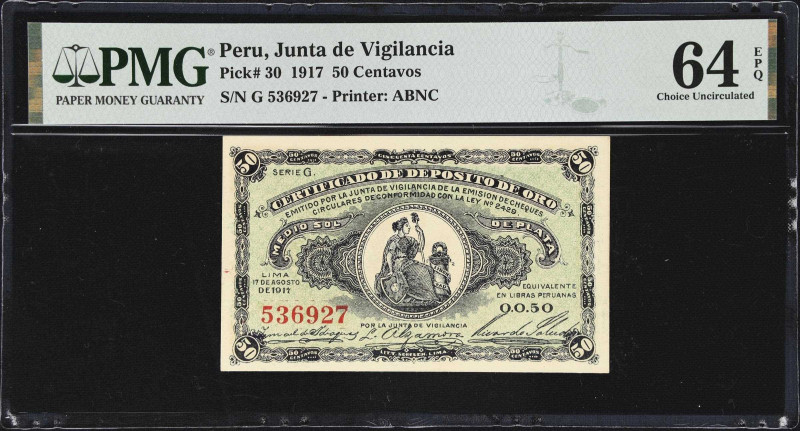 PERU. Certificado De Deposito De Oro. 50 Centavos, 17.8.1917. P-30. PMG Choice U...