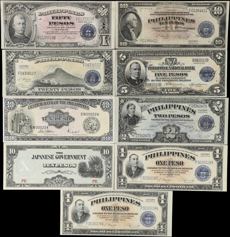 PHILIPPINES. Lot of (9). Mixed Banks. 1 to 50 Pesos, 1921 & ND (1944). P-53, 94,...