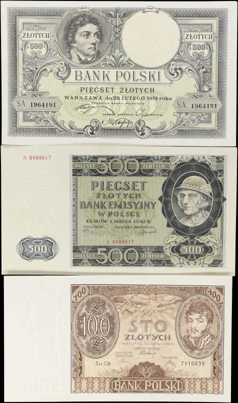 POLAND. Lot of (3). Bank Emisyjny w Polsce & Bank Polski. 100 & 500 Zlotych, 191...