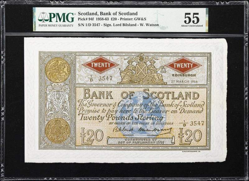 SCOTLAND. Bank of Scotland. 20 Pounds, 27.3.1958. P-94f. PMG About Uncirculated ...