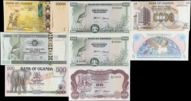 UGANDA. Lot of (8). Bank of Uganda. 5, 10, 20, 100, 500, 20,000, & 50,000, ND (1...