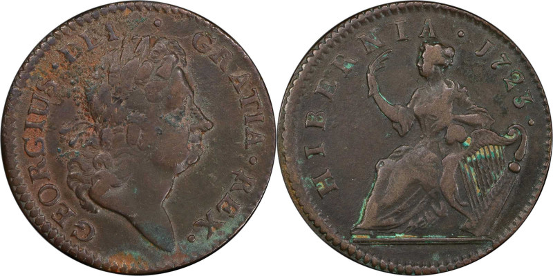 1723 Wood's Hibernia Halfpenny. Martin 4.16-Gc.3, W-13120. Rarity-2. VF Details-...