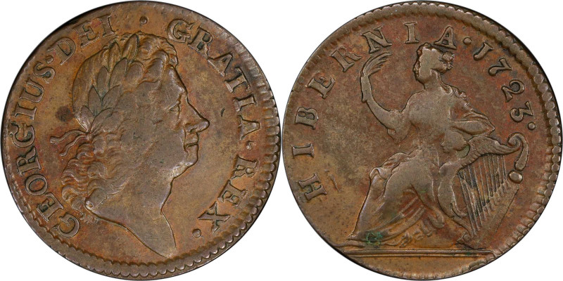 1723 Wood's Hibernia Halfpenny. Martin 4.40-Gc.18, W-13120. Rarity-2. EF-40 (PCG...