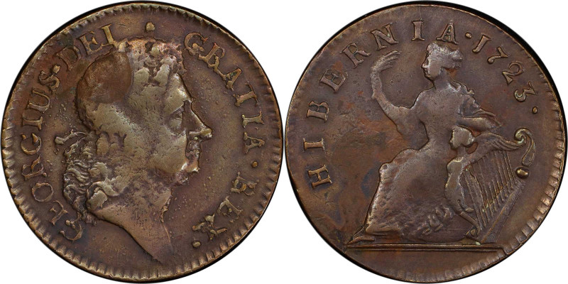 1723 Wood's Hibernia Halfpenny. Martin 4.48-Gc.29, W-13120. Rarity-4. VF Details...