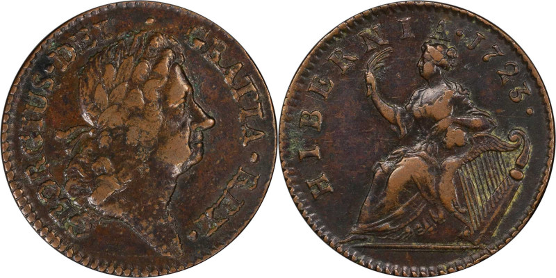 1723 Wood's Hibernia Halfpenny. Martin 4.90-Gc.9, W-13120. Rarity-7. EF Details-...