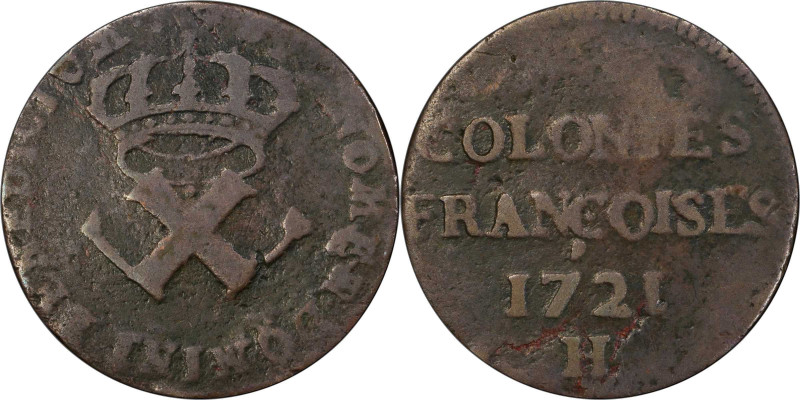 1721-H Sou, or 9 Deniers. La Rochelle Mint. Martin 3.1-B.1, W-11830. Rarity-3. F...