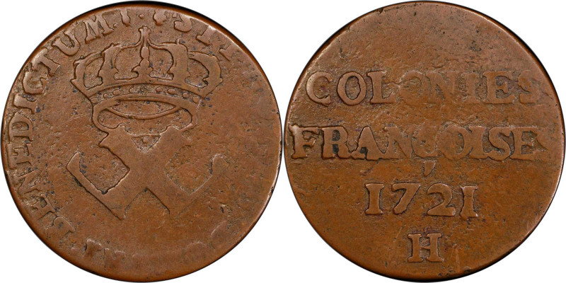 1721-H Sou, or 9 Deniers. La Rochelle Mint. Martin 3.3-B.8, W-11830. Rarity-2. F...