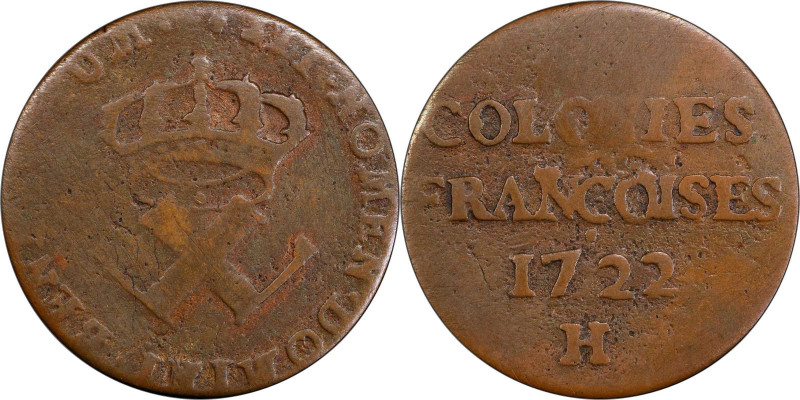 1722/1-H Sou, or 9 Deniers. La Rochelle Mint. Martin 2.6-C.2, W-11835. Rarity-3....