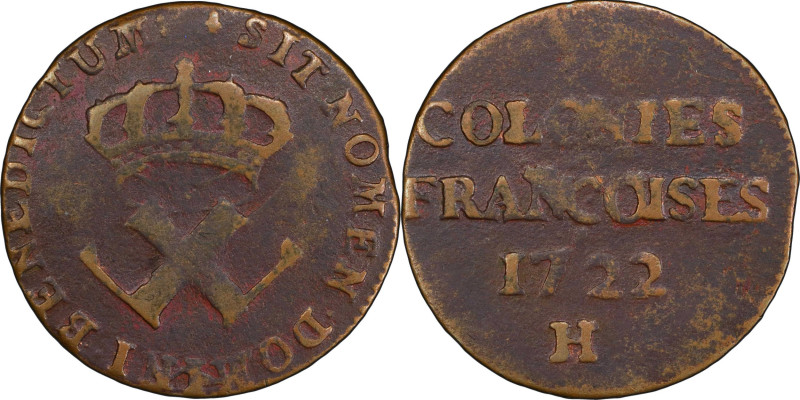 1722/1-H Sou, or 9 Deniers. La Rochelle Mint. Martin 2.7-C.2, W-11835. Rarity-3....