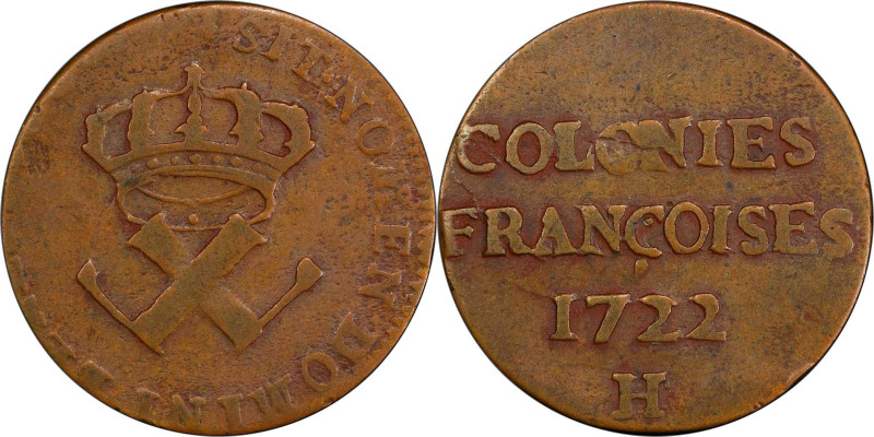 1722-H Sou, or 9 Deniers. La Rochelle Mint. Martin 2.14-D.10, W-11840. Rarity-4....