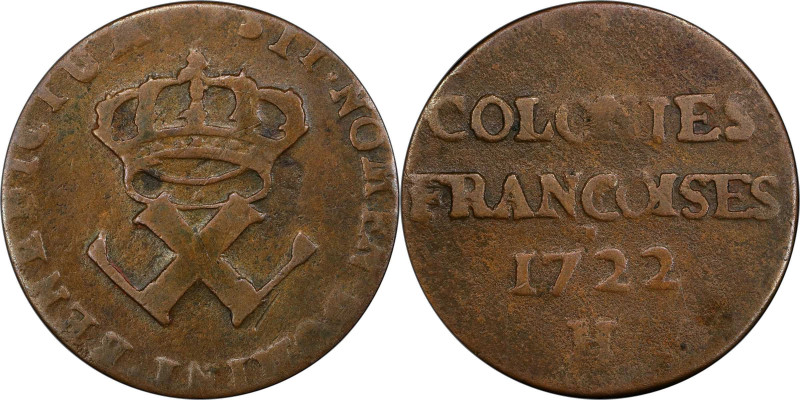 1722-H Sou, or 9 Deniers. La Rochelle Mint. Martin 2.22-D.5, W-11840. Rarity-3. ...