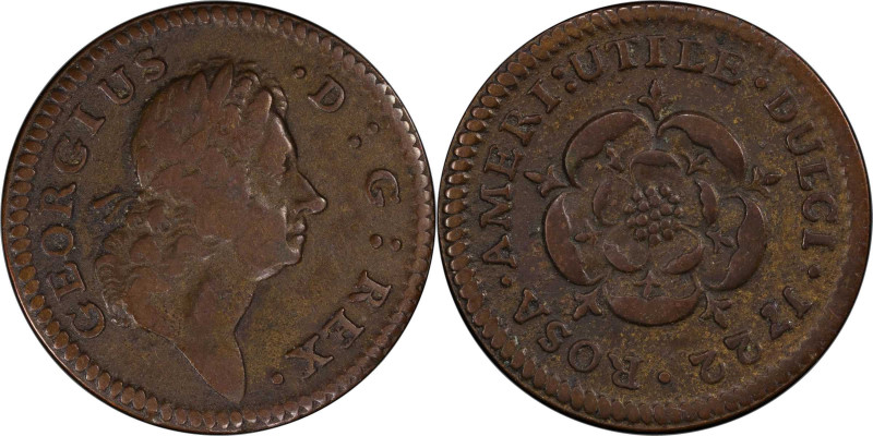 1722 Rosa Americana Halfpenny. Martin 2.1-B.1, W-1218. Rarity-4. D:G:REX / ROSA ...