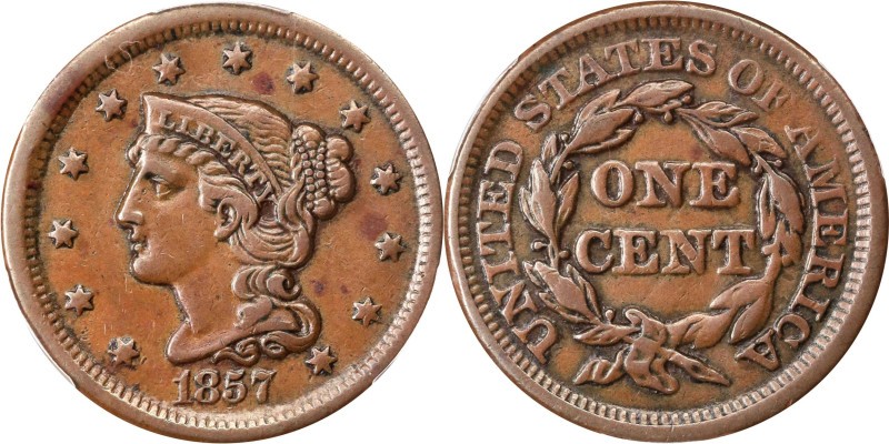 1857 Braided Hair Cent. N-4. Rarity-1. Small Date. EF Details--Altered Surfaces ...