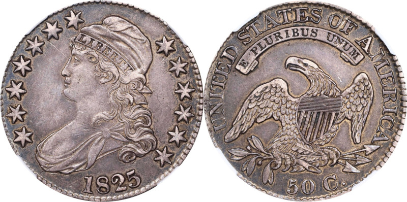 1825 Capped Bust Half Dollar. O-117. Rarity-4-. EF-45 (NGC).
Die State 117.1.
...