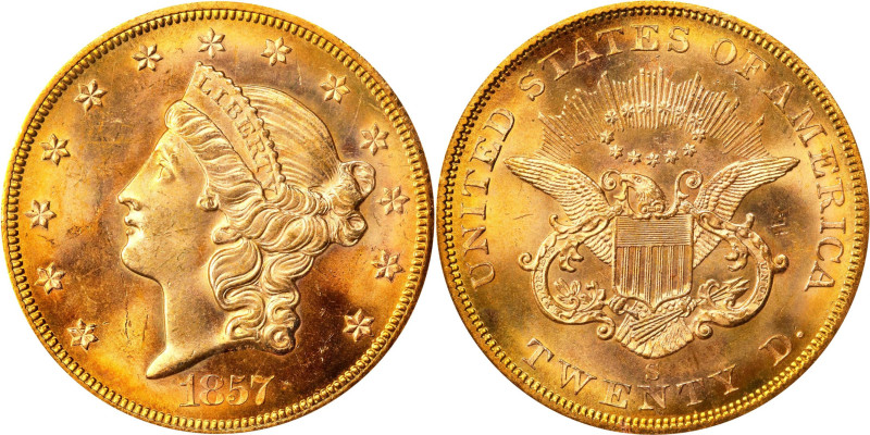 1857-S Liberty Head Double Eagle. Variety-20A. Spiked Shield. MS-63 (PCGS). Gold...