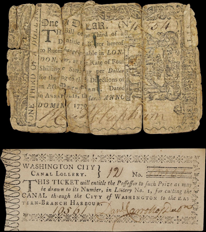 Lot of (2) MD-52 & Unlisted. Colonial Note & Lottery Ticket. ND-March 1, 1770. $...