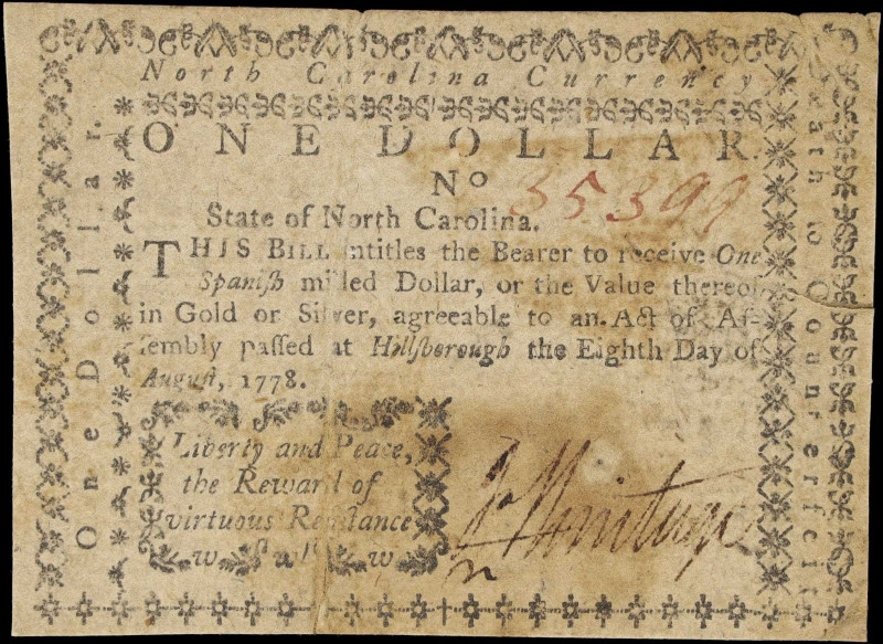 NC-173a. North Carolina. August 8, 1778. $1. Extremely Fine.
No. 35399. Lightly...