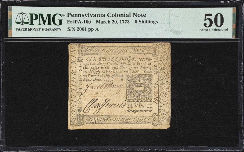 PA-160. Pennsylvania. March 20, 1773. 6 Shillings. PMG About Uncirculated 50.
N...